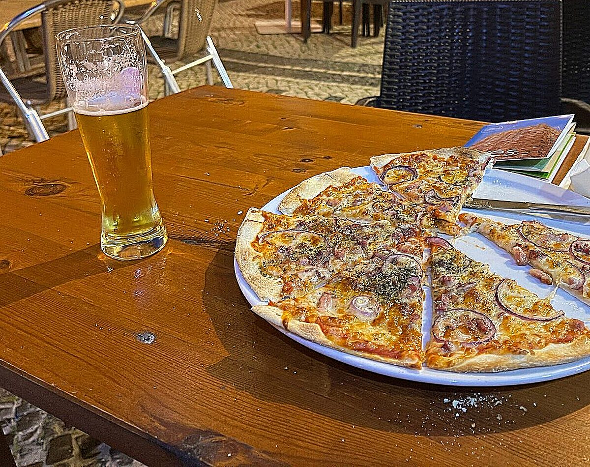 Pizza fresh from the oven, on the terrace